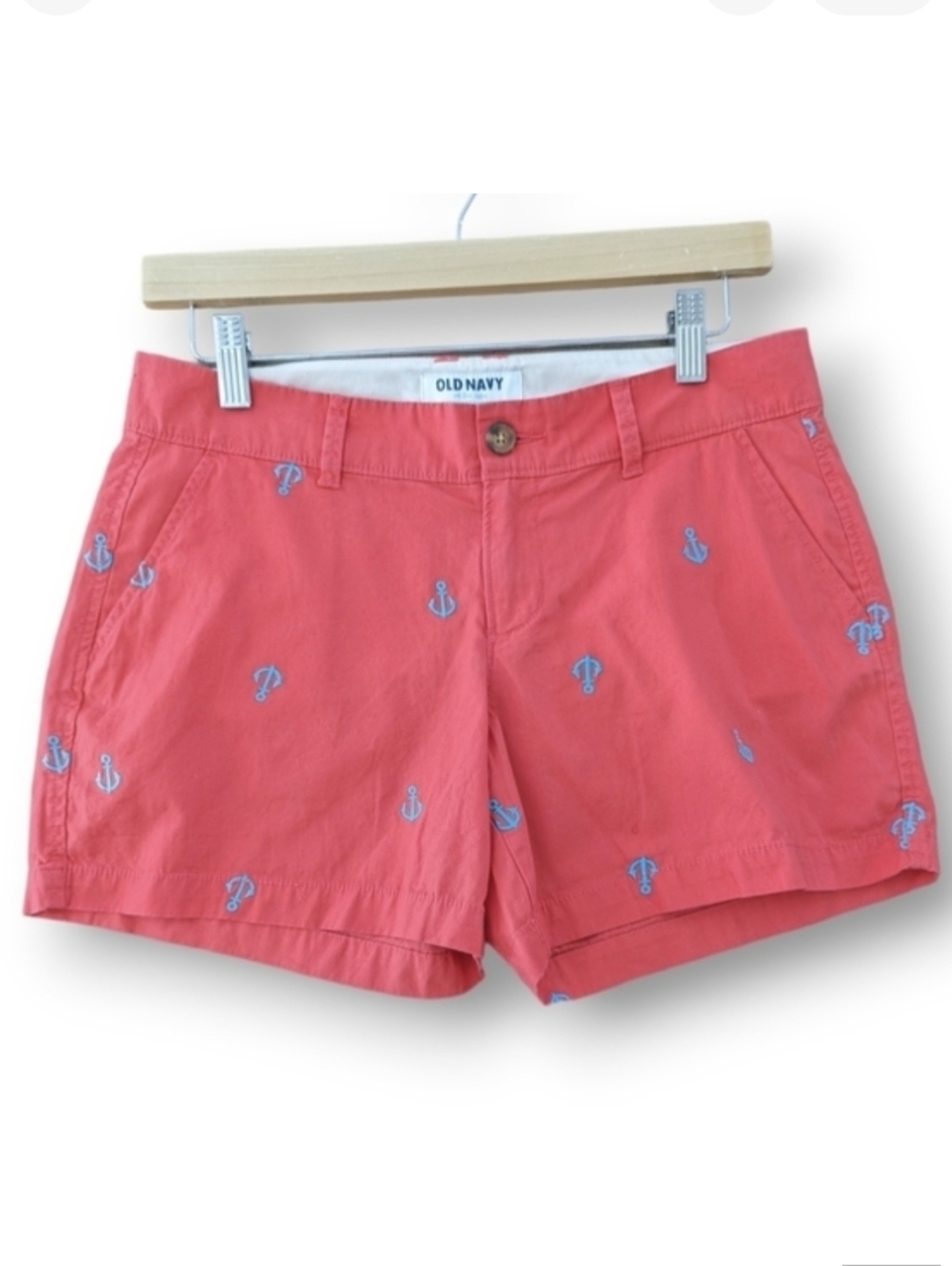 Old Navy Nautical Chino Shorts 2 Coral‎ Blue Embroidered Coastal Anchors Short